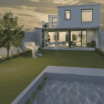 Patio con pileta y fogonero en proyecto de arquitectura residencial en Zona Norte